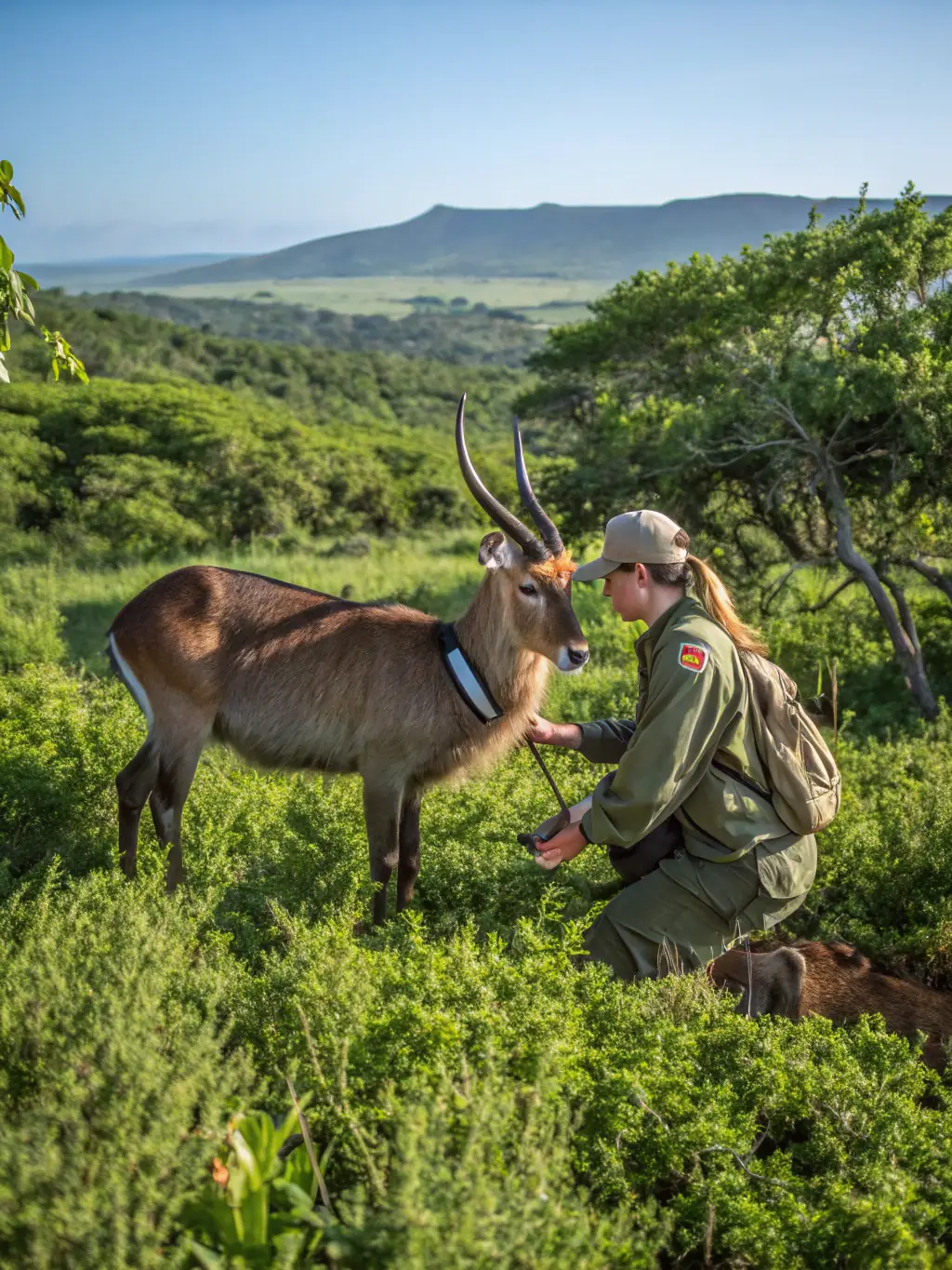 A wildlife management team member tagging a deer in a natural habitat, showcasing responsible wildlife management practices.