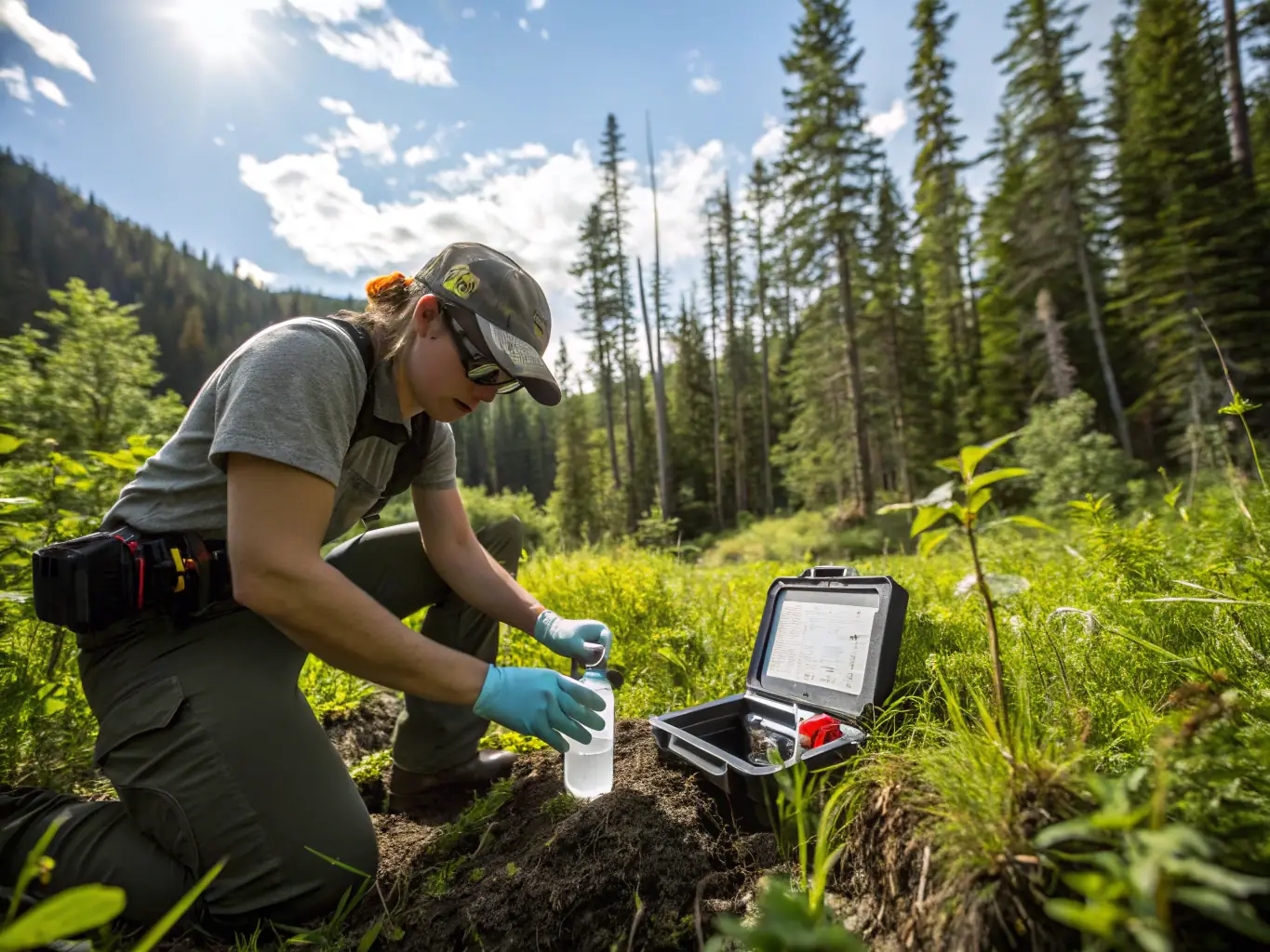 A detailed photograph showcasing researchers from CYNEGETYQUE ET BIOGNOSE BATARELLOISE collecting samples in a local forest, emphasizing their commitment to ecological research and biodiversity monitoring.
