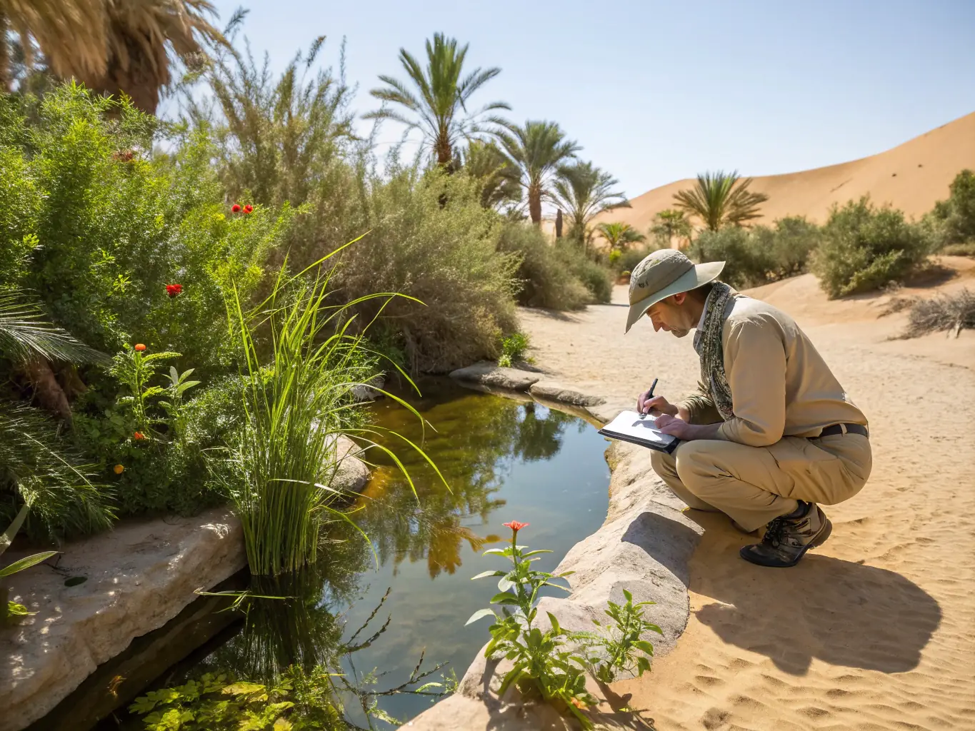 A researcher in a field, carefully examining a plant specimen, with a backdrop of lush greenery and diverse plant life, symbolizing ecological research.