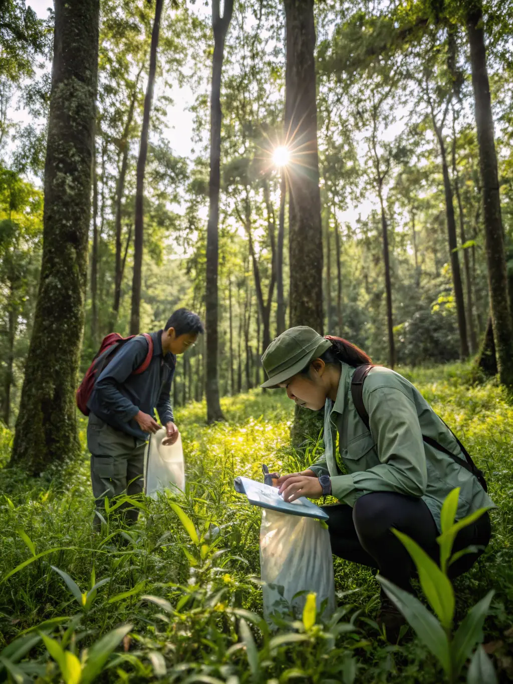 A group of researchers in field, collecting samples of local flora, wearing appropriate field gear, with a backdrop of a dense forest.
