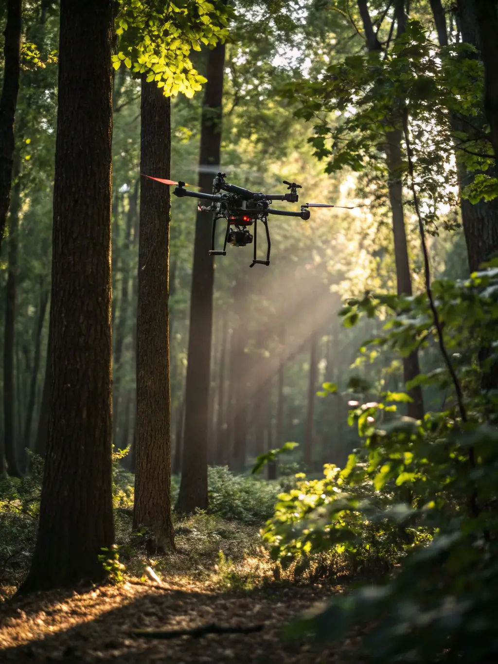 A drone flying over a forest, capturing aerial imagery for ecological research and monitoring wildlife habitats.