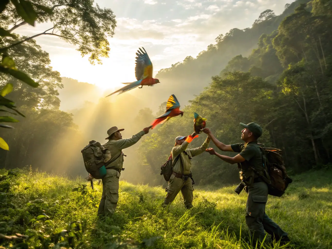 A wildlife manager releasing a rehabilitated bird into its natural habitat, surrounded by a team of conservationists, showcasing wildlife management initiatives.
