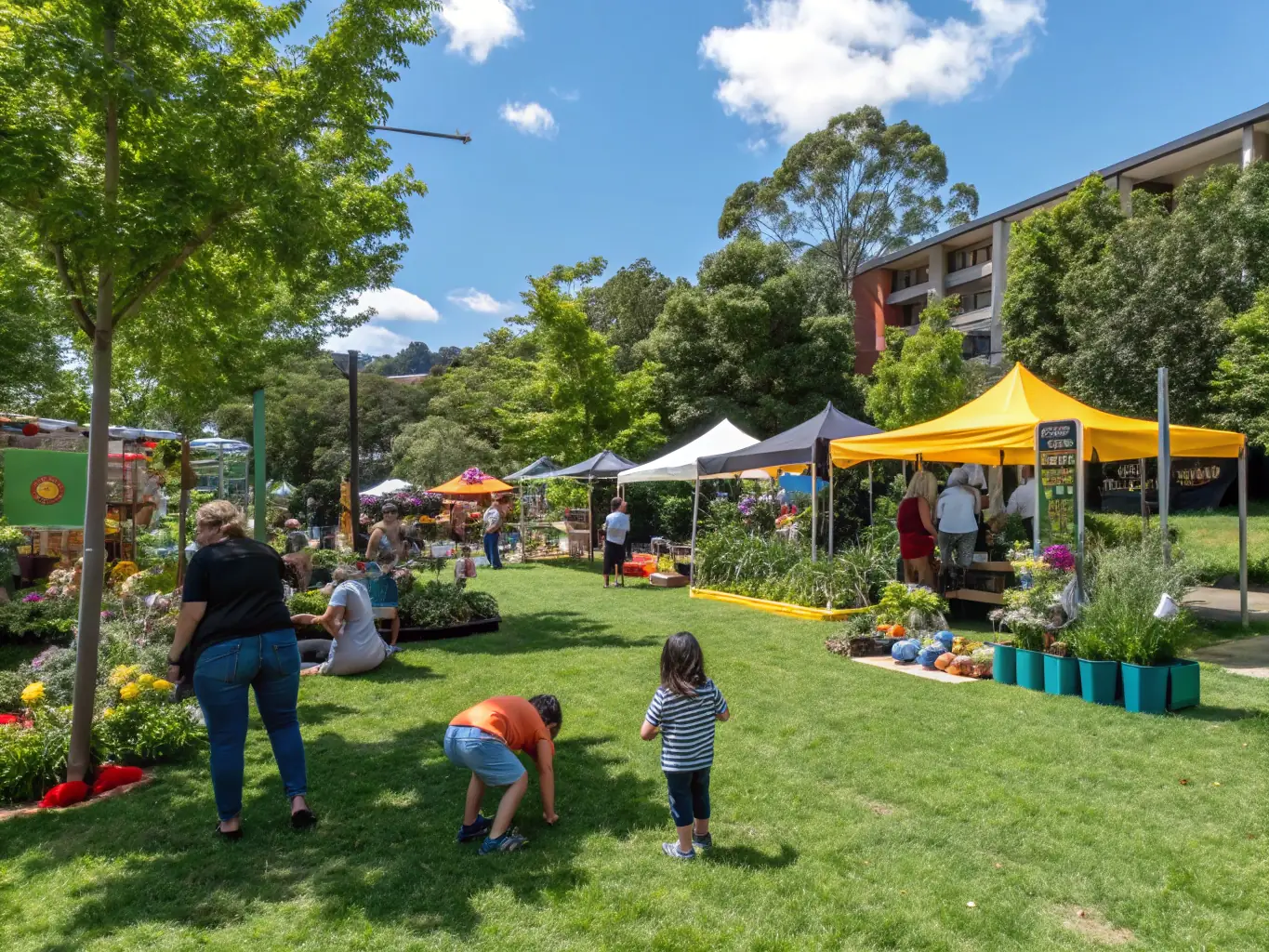 A vibrant image of a community event organized by CYNEGETYQUE ET BIOGNOSE BATARELLOISE, featuring educational booths and interactive activities promoting environmental awareness and conservation.