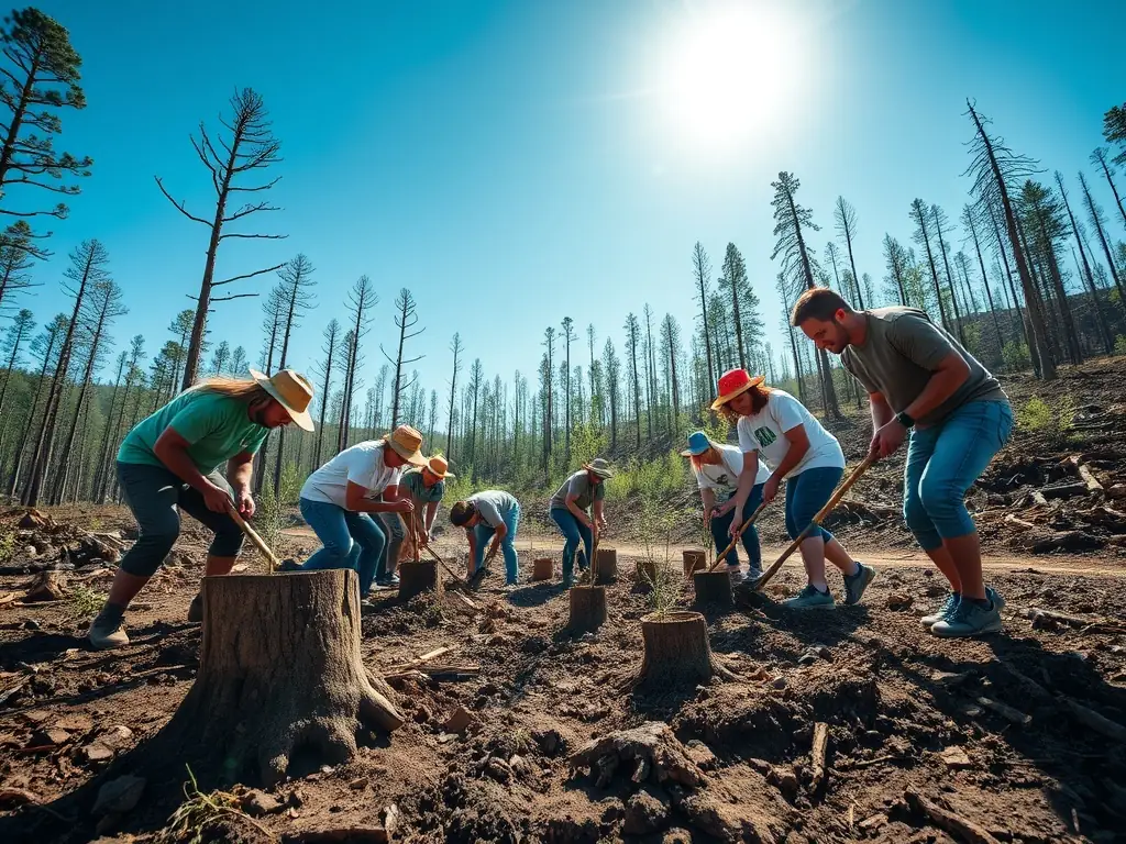 Volunteers planting trees in a deforested area, with a focus on community involvement and environmental restoration, representing conservation efforts.
