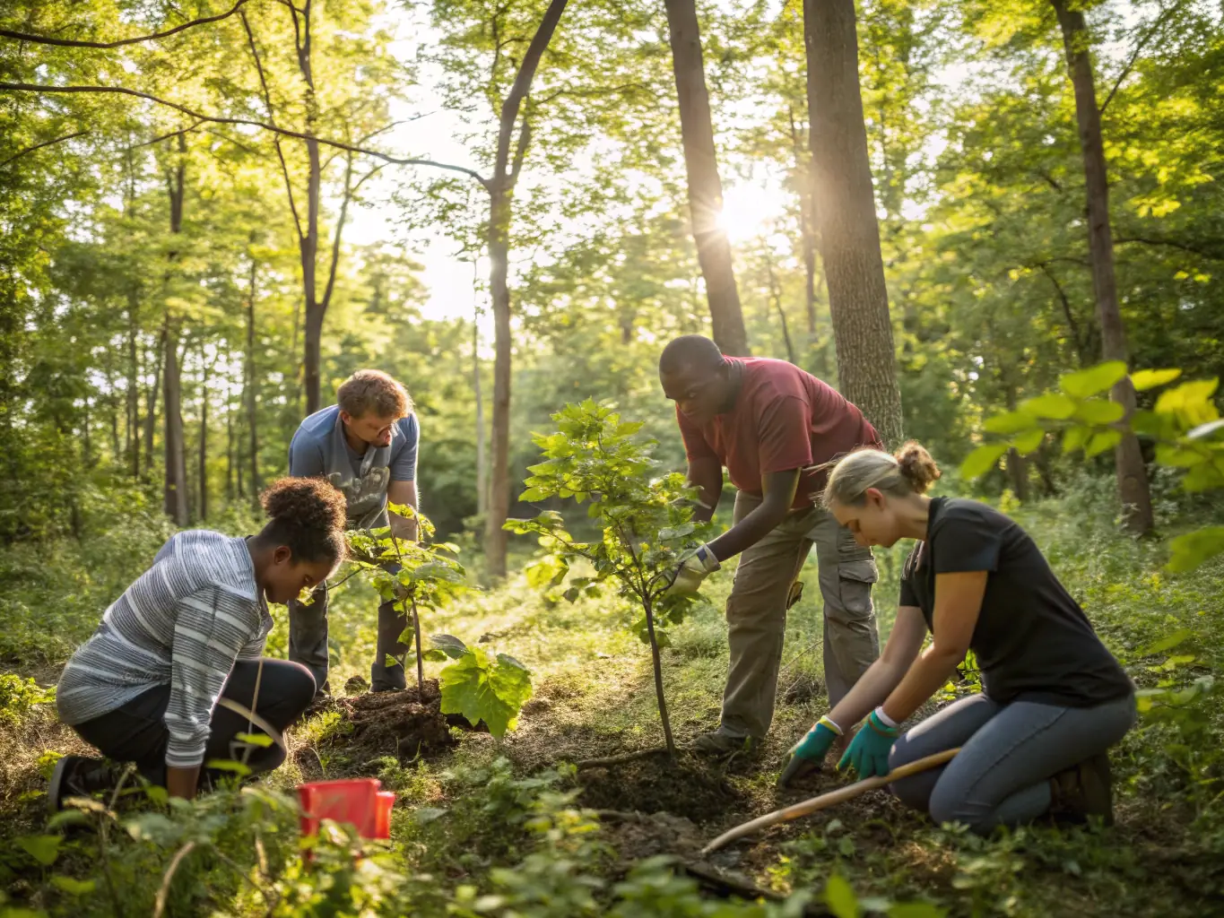 A group of volunteers participating in a wildlife management activity, such as habitat restoration or species monitoring, showcasing CYNEGETYQUE ET BIOGNOSE BATARELLOISE's hands-on approach.